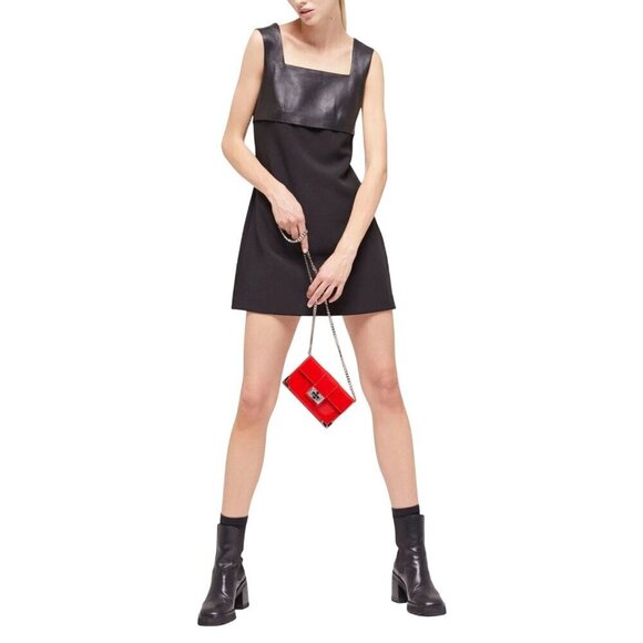 NWT The Kooples Women's Short Black Dress With‎ Leather & Square Neckline Size 8 - Picture 1 of 16